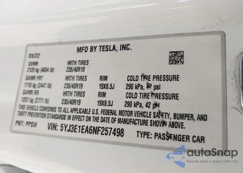 2022 Tesla Model 3 Rear-Wheel Drive z USA, uszkodzony, nr VIN 5YJ3E1EA6NF257498